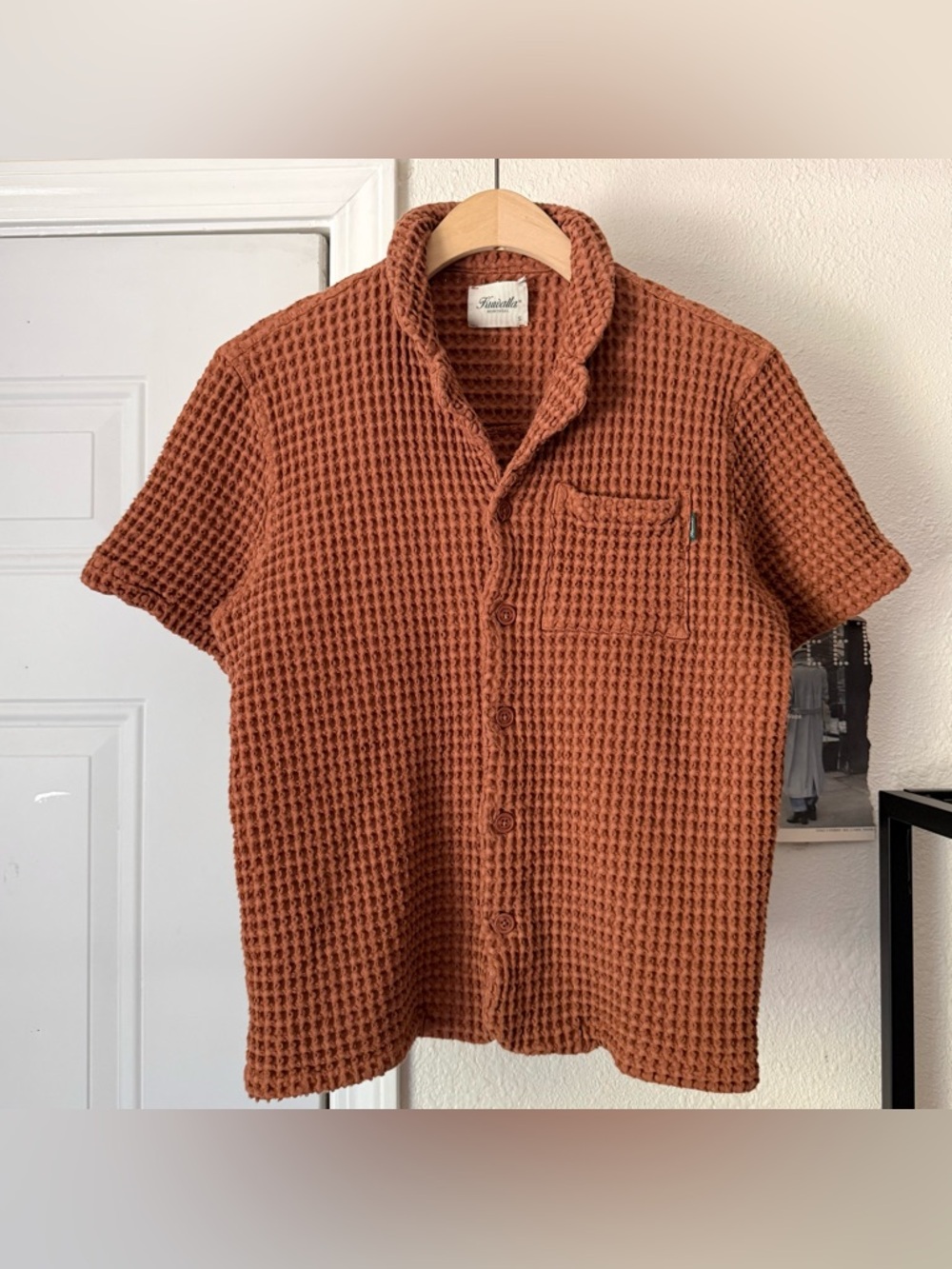 KUWALLA rust orange waffle thermal knit‎ button up short sleeve shirt
